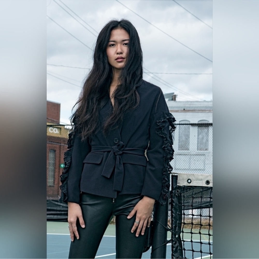 Zara Ruffle Sleeve Black Belted Blazer size extra small